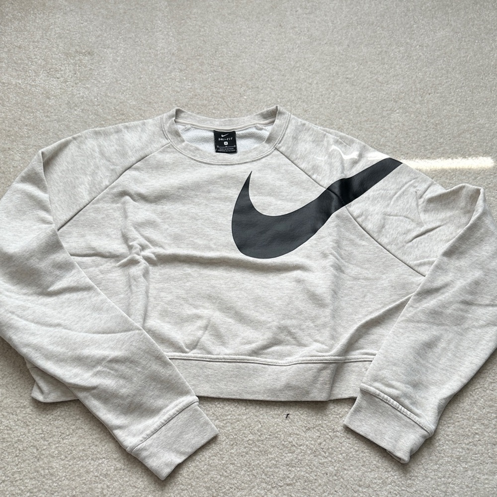 Nike Light Gray Cropped Sweatshirt with Black Swoosh